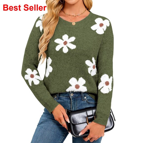 Oversized Floral Knit Pullover Sweater Long Sleeve Crew Neck Fuzzy